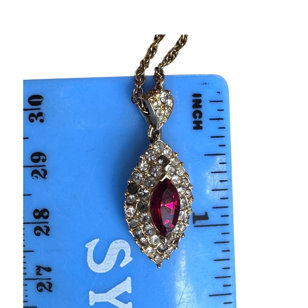 Vintage Attwood & Sawyer Ruby and White Rhinestones Gold Tone Pendant Necklace - Picture 5 of 16